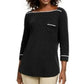 Camiseta feminina Karen Scott Petite Piping-Trim, preta, tamanho médio