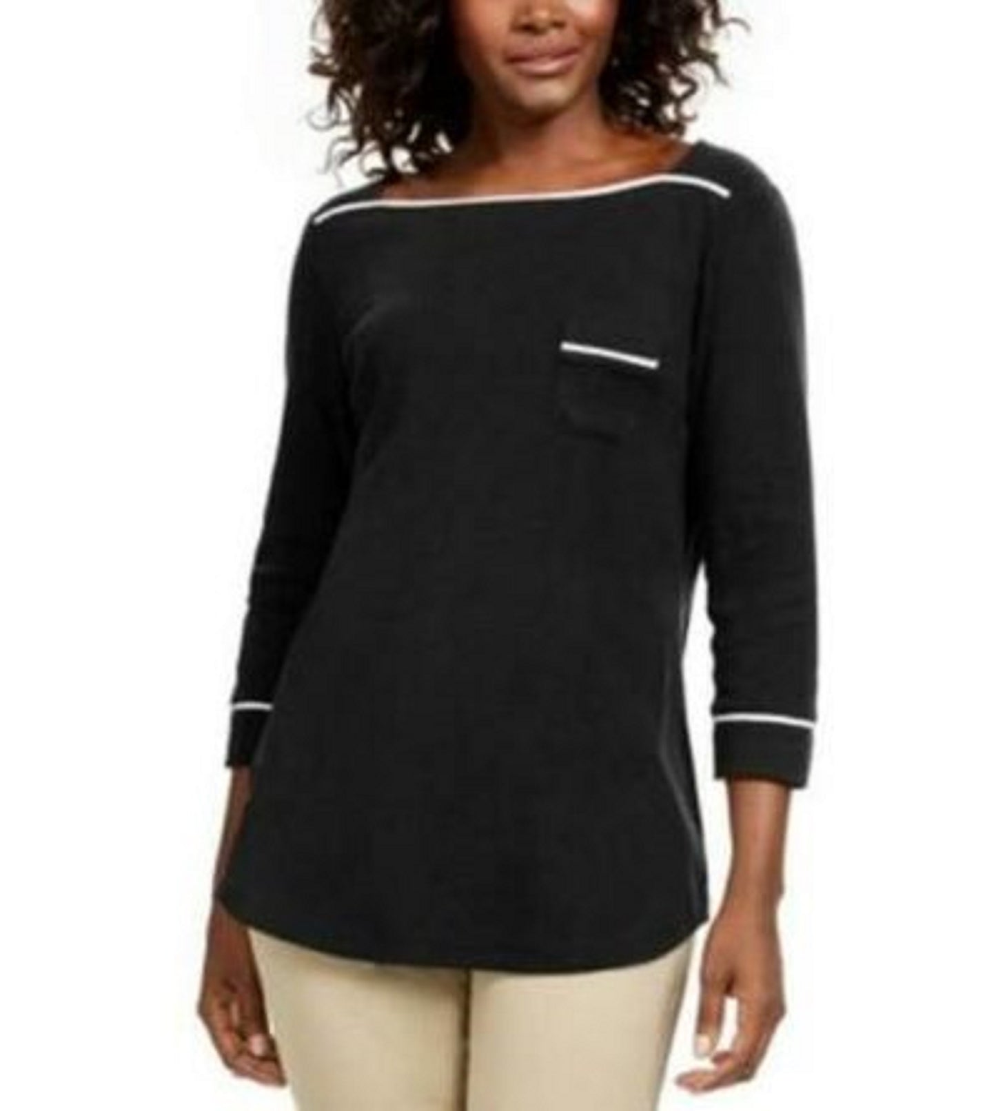 Camiseta feminina Karen Scott Petite Piping-Trim, preta, tamanho médio