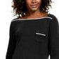 Camiseta feminina Karen Scott Petite Piping-Trim, preta, tamanho médio
