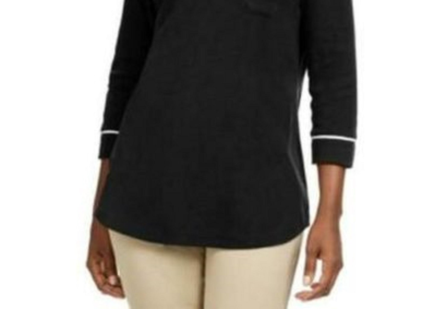 Camiseta feminina Karen Scott Petite Piping-Trim, preta, tamanho médio