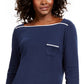 Camiseta feminina Karen Scott com acabamento em viés, azul, tamanho pequeno e pequeno