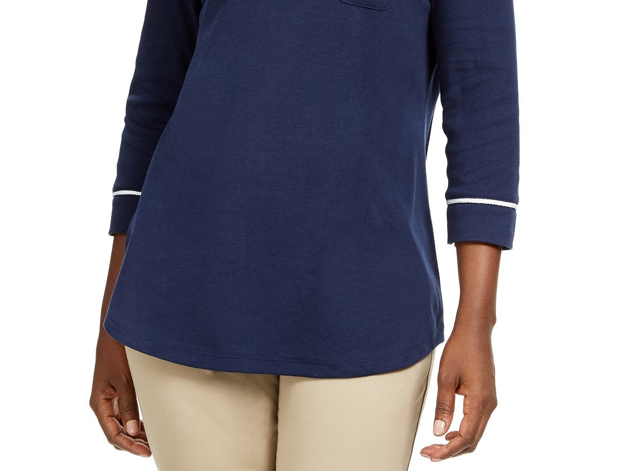 Camiseta feminina Karen Scott com acabamento em viés, azul, tamanho pequeno e pequeno