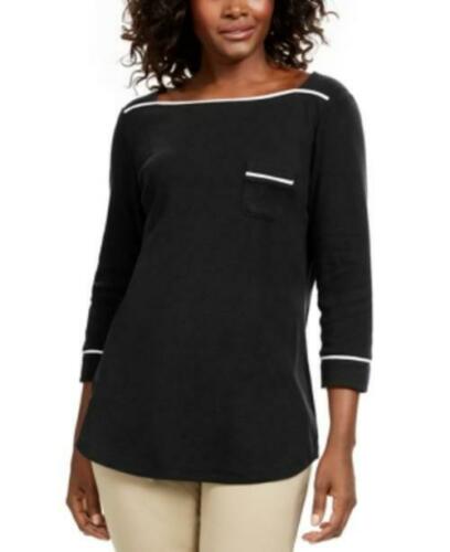 Camiseta feminina Karen Scott Petite com acabamento em viés, preta, tamanho Petit