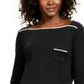 Camiseta feminina Karen Scott Petite com acabamento em viés, preta, tamanho Petit