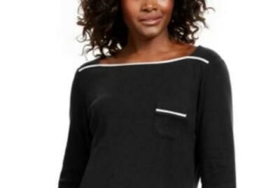 Camiseta feminina Karen Scott Petite com acabamento em viés, preta, tamanho Petit