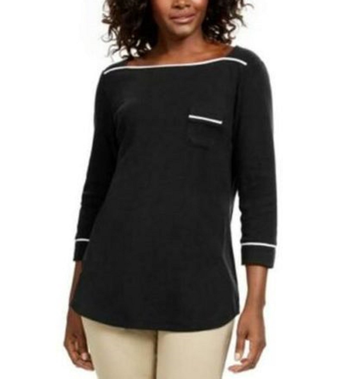 Camiseta feminina Karen Scott com acabamento em viés, preta, tamanho pequeno a pequeno