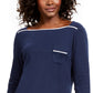 Camiseta feminina Karen Scott Petite Piping-Trim, azul-marinho, tamanho médio