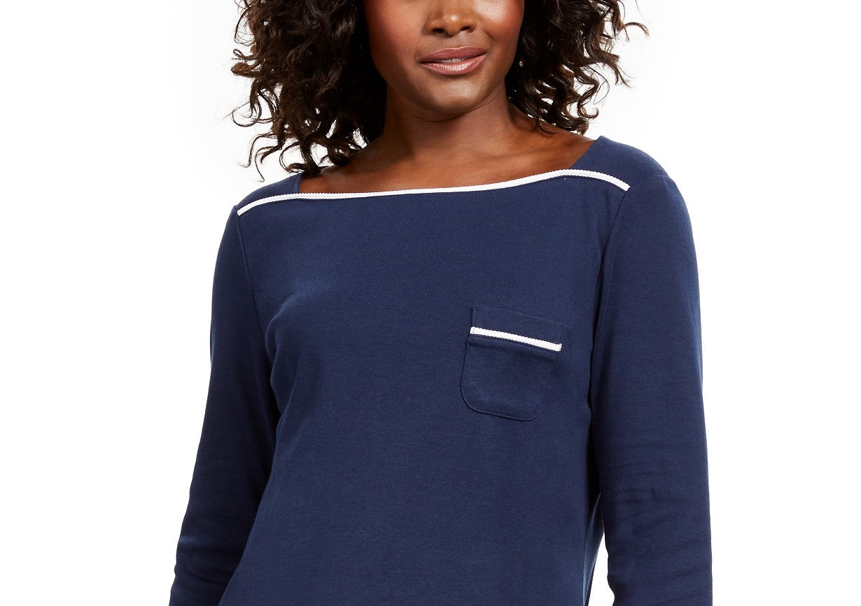 Camiseta feminina Karen Scott Petite Piping-Trim, azul-marinho, tamanho médio