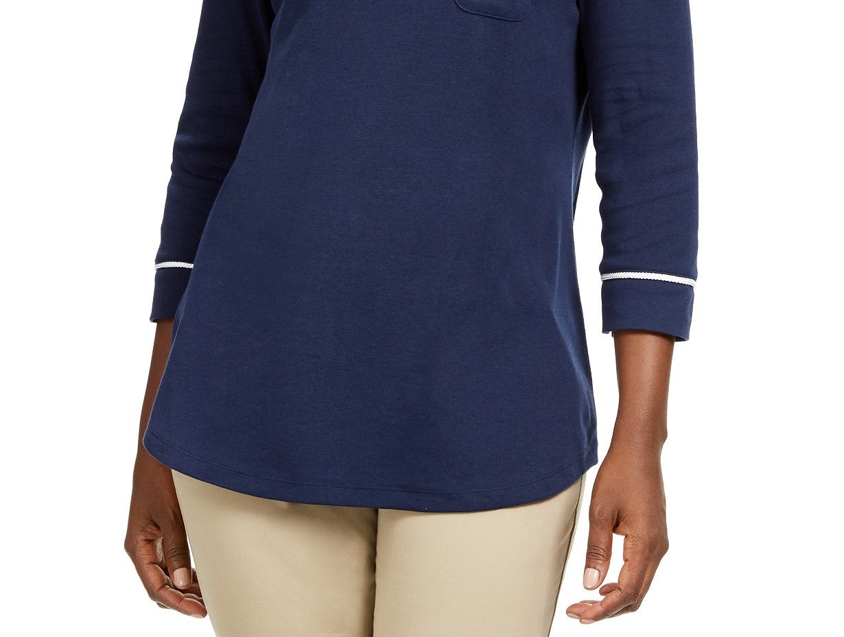 Camiseta feminina Karen Scott Petite Piping-Trim, azul-marinho, tamanho médio