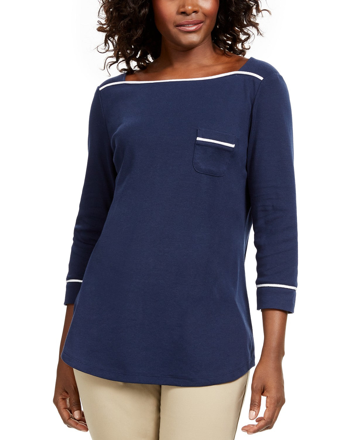 Camiseta feminina Karen Scott Petite com acabamento em viés, tamanho azul-marinho Petite
