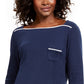 Camiseta feminina Karen Scott Petite com acabamento em viés, tamanho azul-marinho Petite