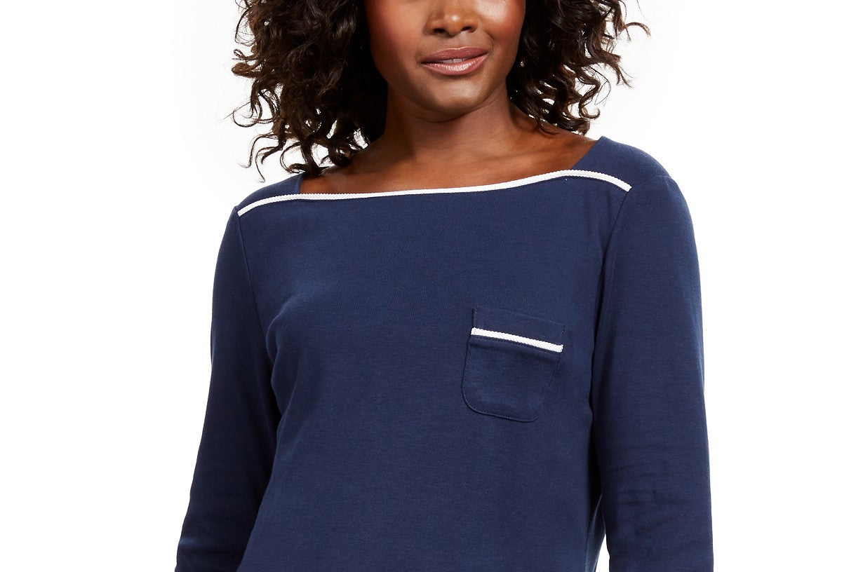 Camiseta feminina Karen Scott Petite com acabamento em viés, tamanho azul-marinho Petite