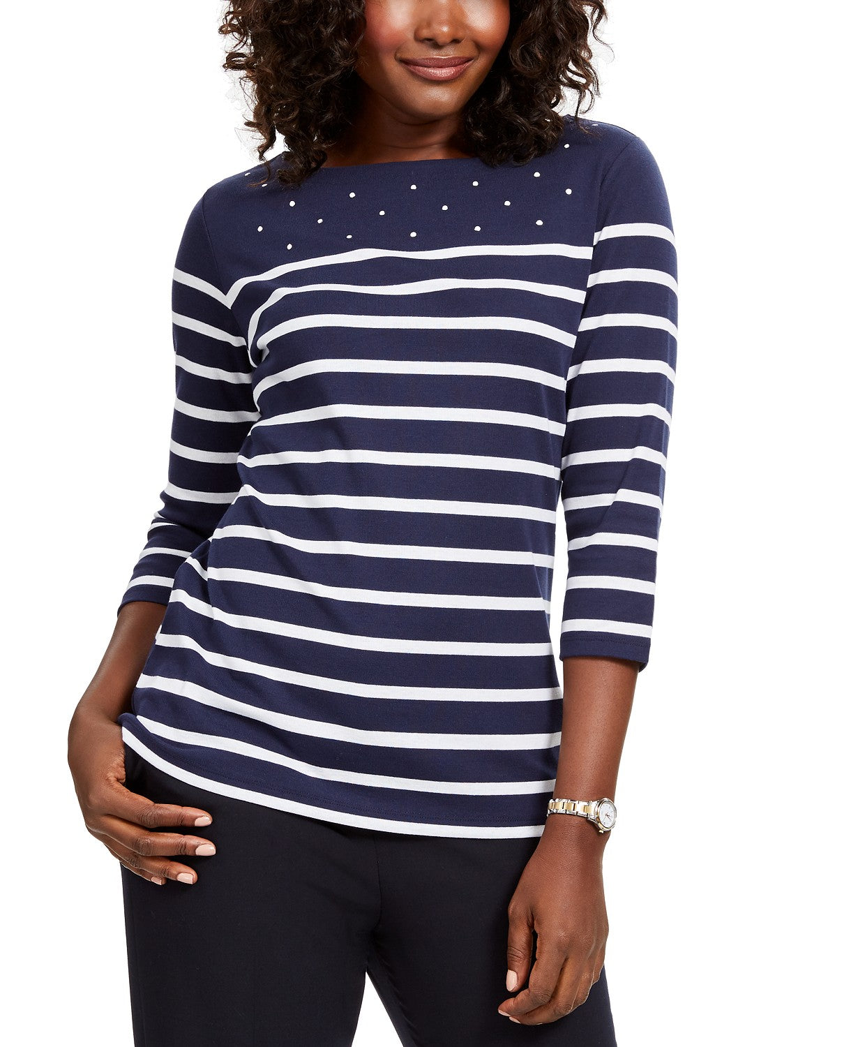 Camiseta feminina Karen Scott Petite Listrada com decote canoa, tamanho azul-marinho, pequena, média