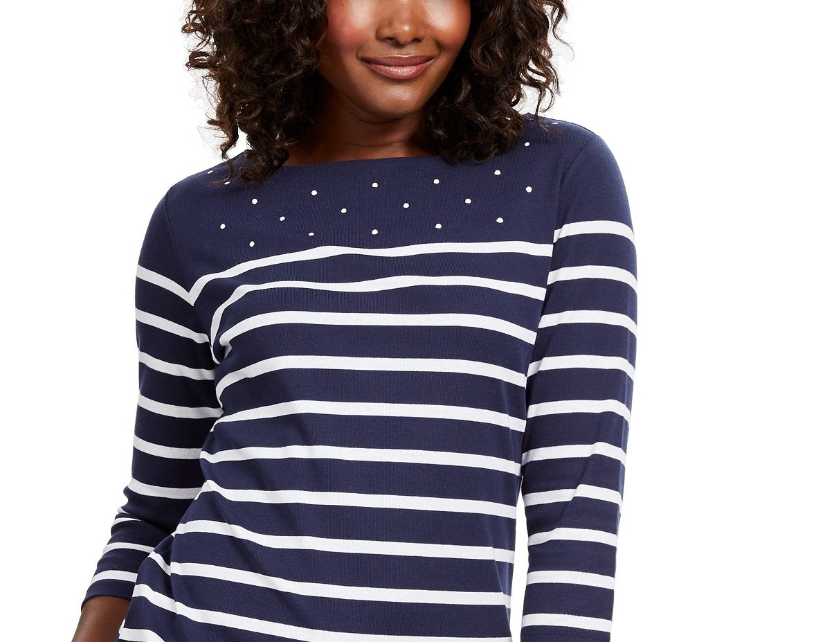 Camiseta feminina Karen Scott Petite Listrada com decote canoa, tamanho azul-marinho, pequena, média