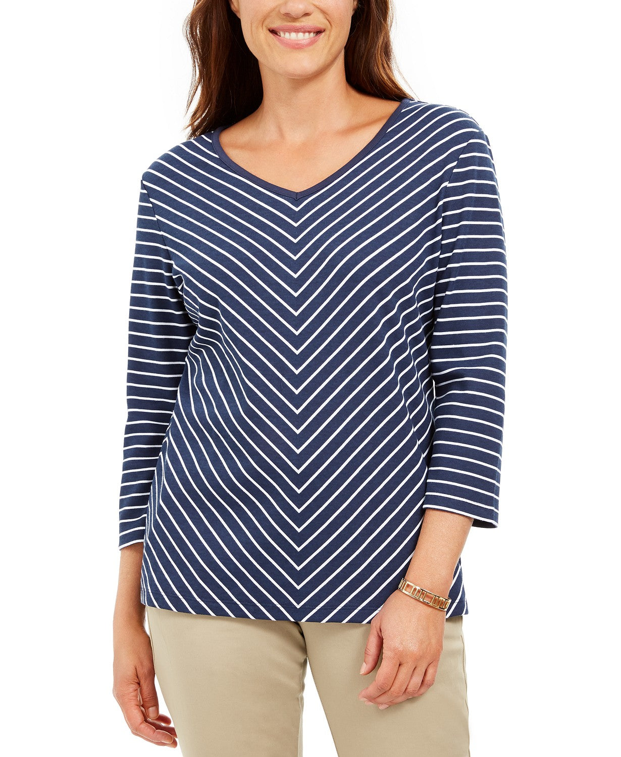 Blusa feminina listrada com decote em V Karen Scott, azul, tamanho médio