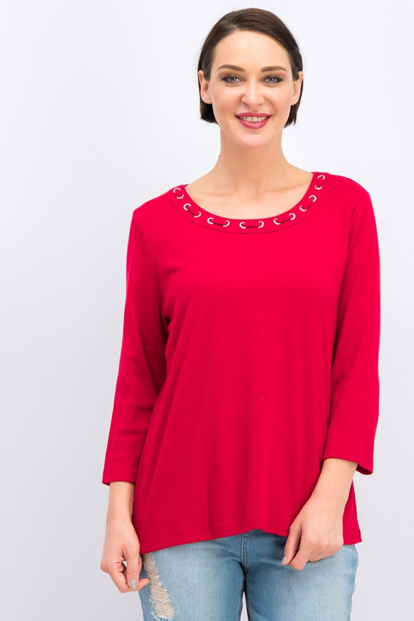 Karen Scott Top de algodão com ilhós feminino, novo, vermelho, tamanho grande