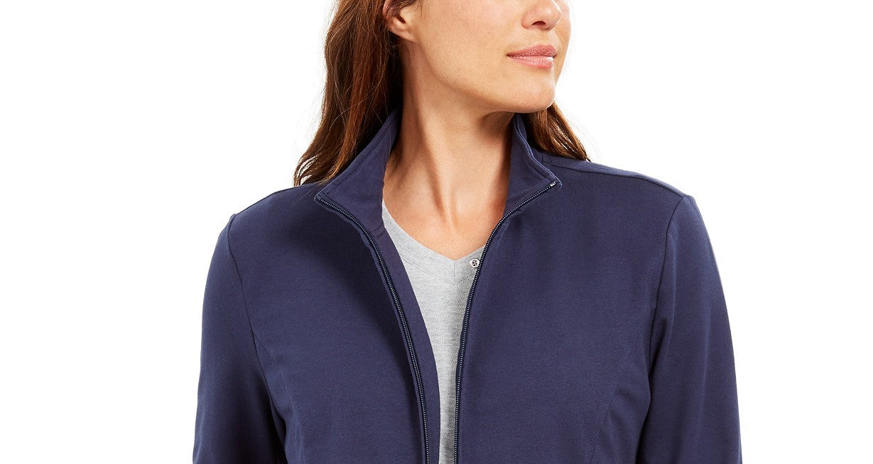 Jaqueta feminina Karen Scott Sport French Terry com acabamento em fita, azul, tamanho pequeno