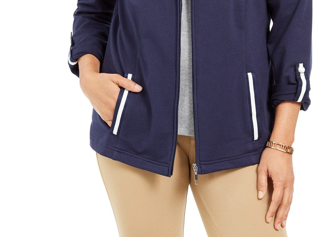 Jaqueta feminina Karen Scott Sport French Terry com acabamento em fita, azul, tamanho pequeno