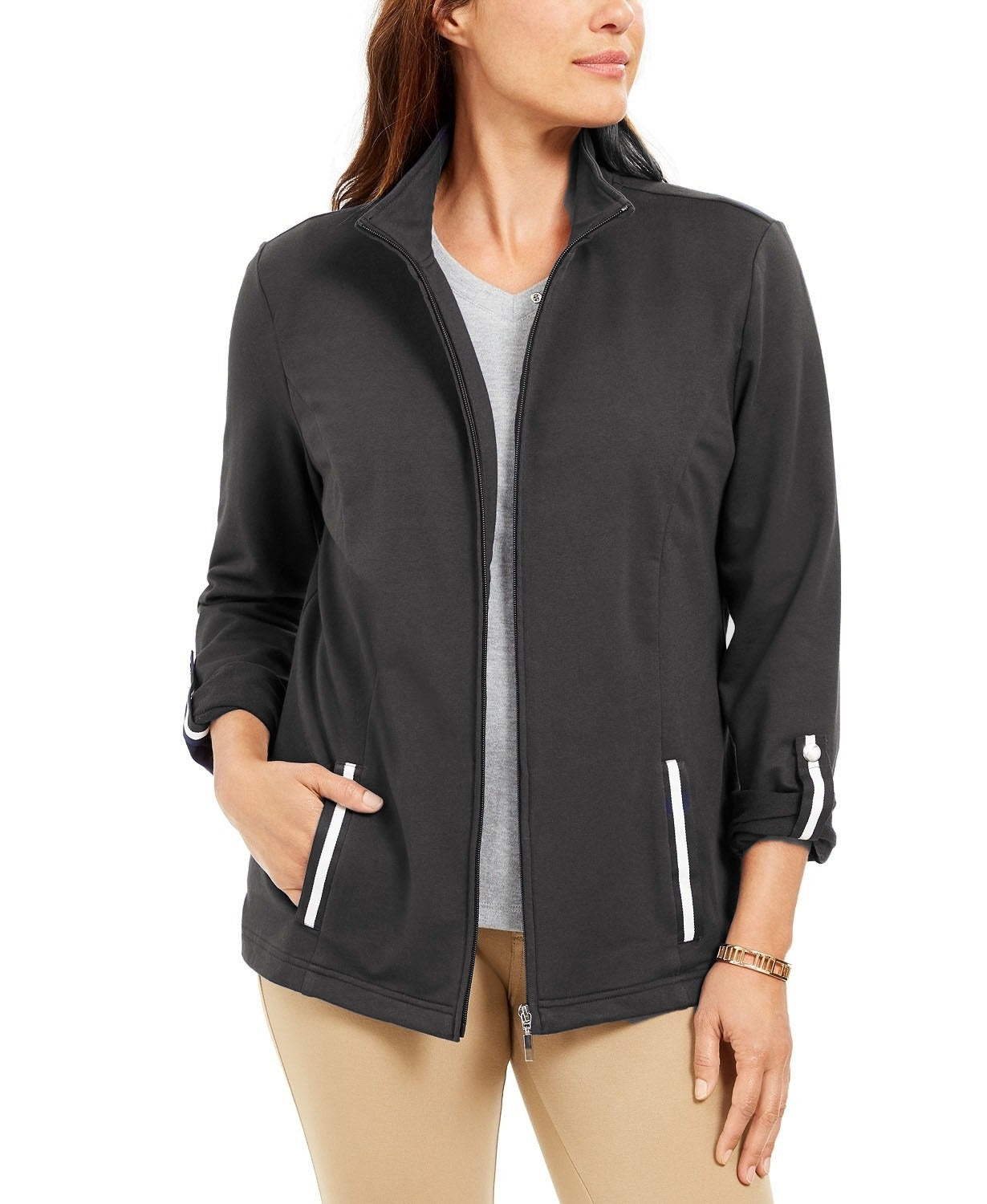 Jaqueta feminina Karen Scott Sport French Terry com acabamento em fita, preta, tamanho XXG