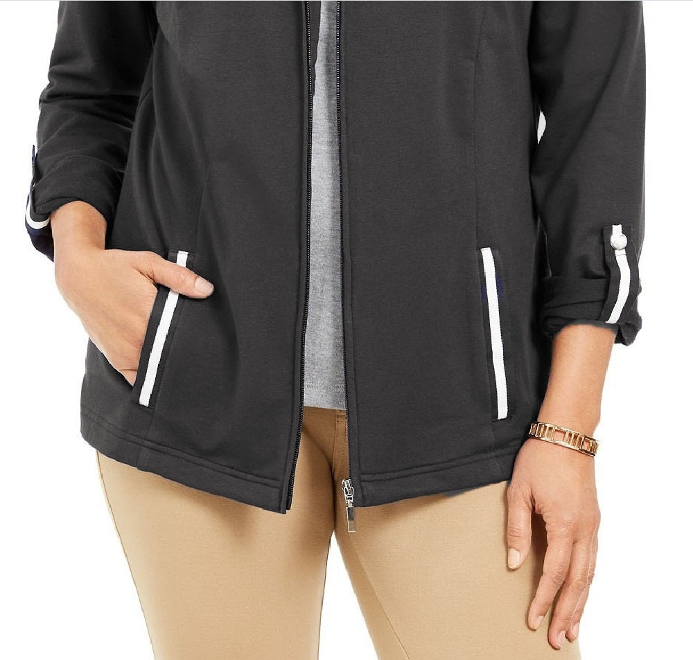 Jaqueta feminina Karen Scott Sport French Terry com acabamento em fita, preta, tamanho XXG