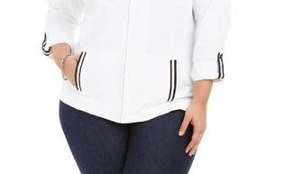 Jaqueta feminina Karen Scott Sport French Terry com acabamento em fita, branca, tamanho médio