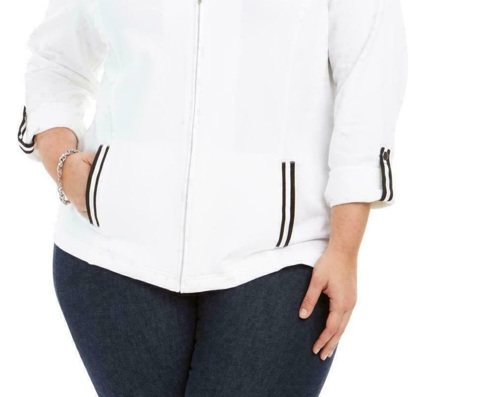 Jaqueta feminina Karen Scott Sport French Terry com acabamento em fita, branca, tamanho pequeno
