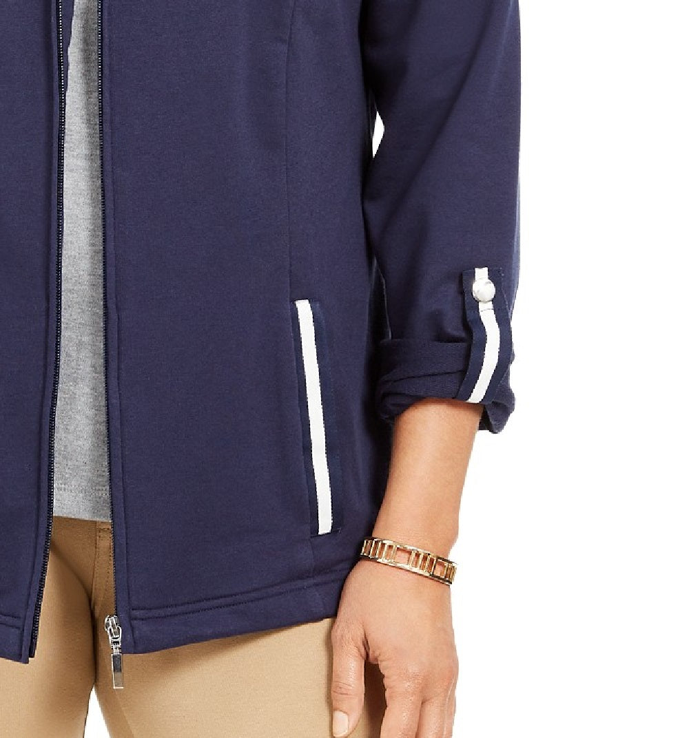 Jaqueta feminina Karen Scott Sport French Terry com acabamento em fita, tamanho azul marinho, extra grande