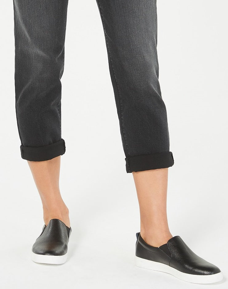 Calça jeans estilo boyfriend feminina, preta, tamanho pequeno