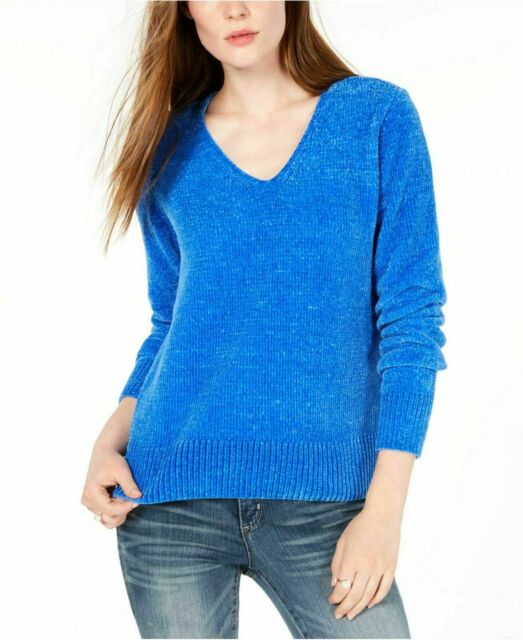 Suéter feminino Maison Jules com decote em V, azul médio, tamanho médio