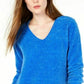Suéter feminino Maison Jules com decote em V, azul médio, tamanho médio
