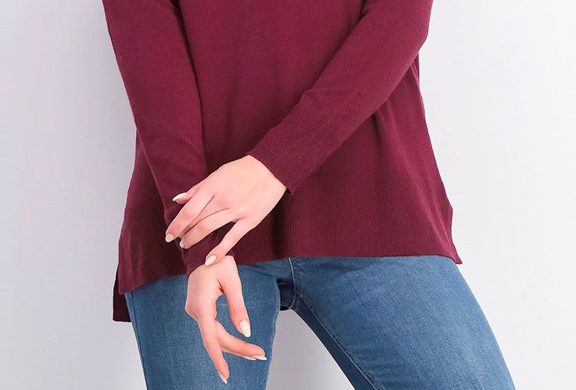 Suéter feminino Maison Jules com decote em V, vinho, tamanho grande