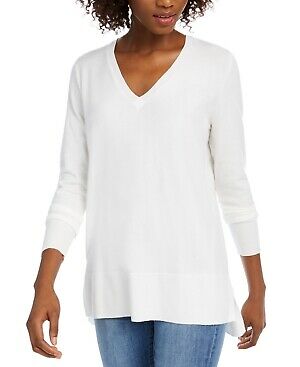 Suéter feminino Maison Jules com decote em V, branco, tamanho médio