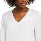 Suéter feminino Maison Jules com decote em V, branco, tamanho médio