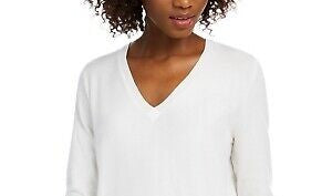 Suéter feminino Maison Jules com decote em V, branco, tamanho médio