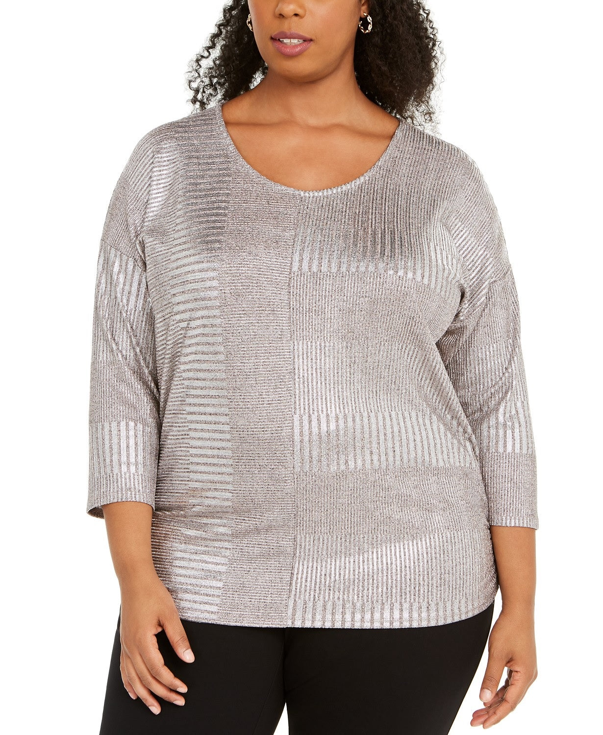 JM Collection Top Dolman Feminino Plus Size Metálico Canelado com Brilho em Folha de Canelado Tamanho P