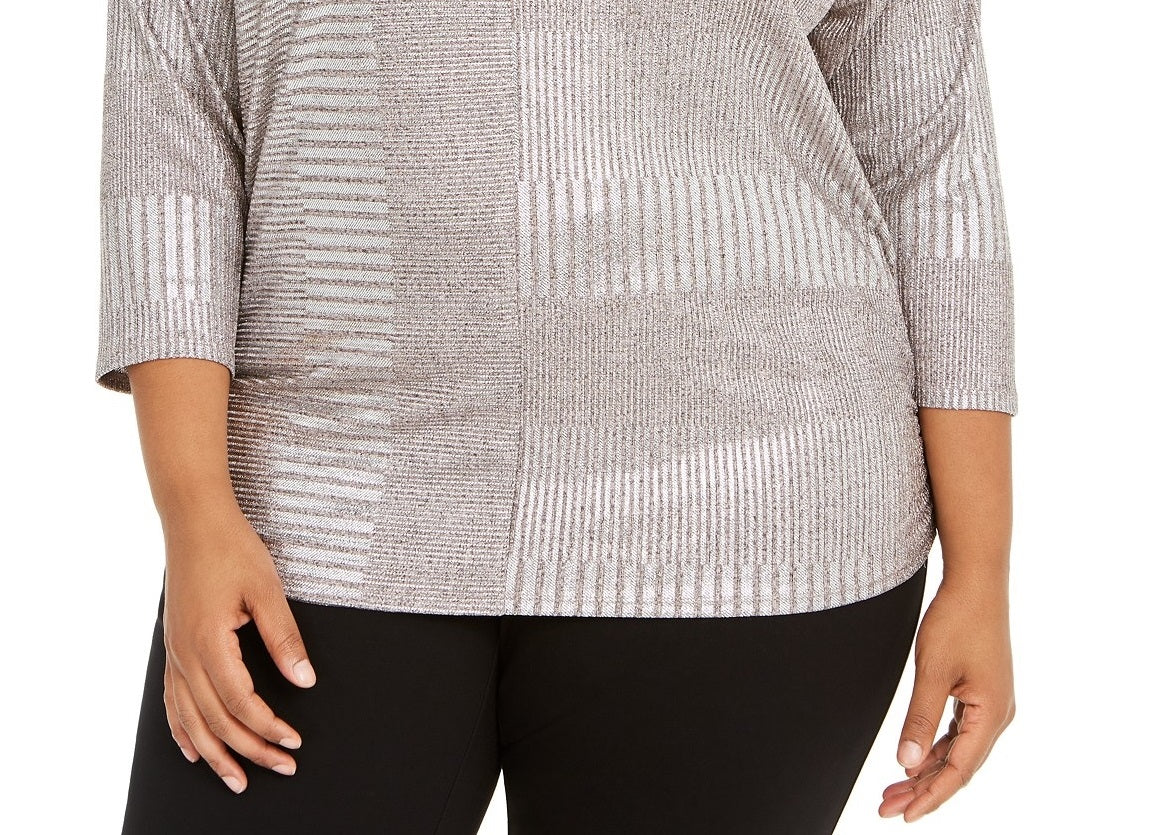 JM Collection Top Dolman Feminino Plus Size Metálico Canelado com Brilho em Folha de Canelado Tamanho P