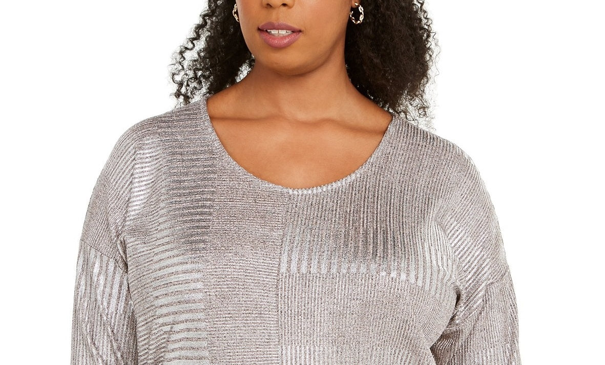 JM Collection Top Dolman Feminino Plus Size Metálico Canelado com Brilho em Folha de Canelado Tamanho P