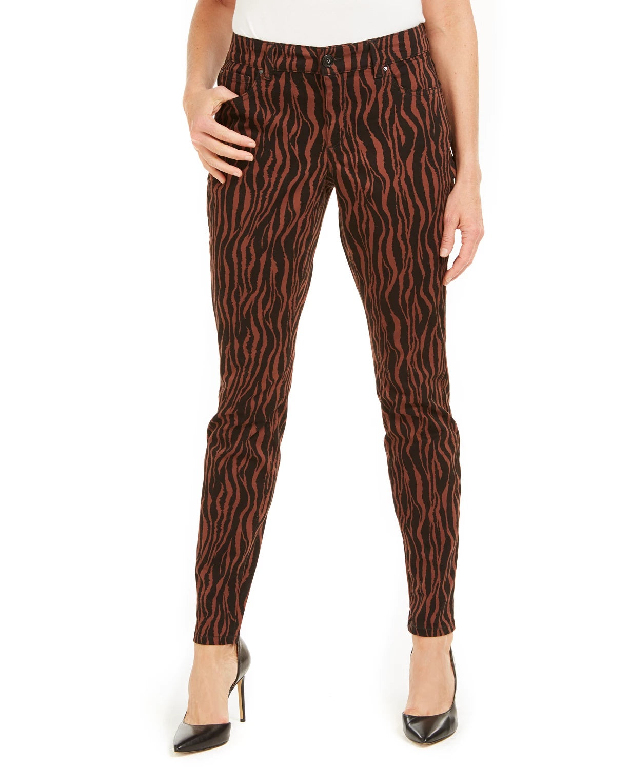 Calça jeans skinny feminina estampada e curvilínea da INC International Concepts, tamanho 2, marrom