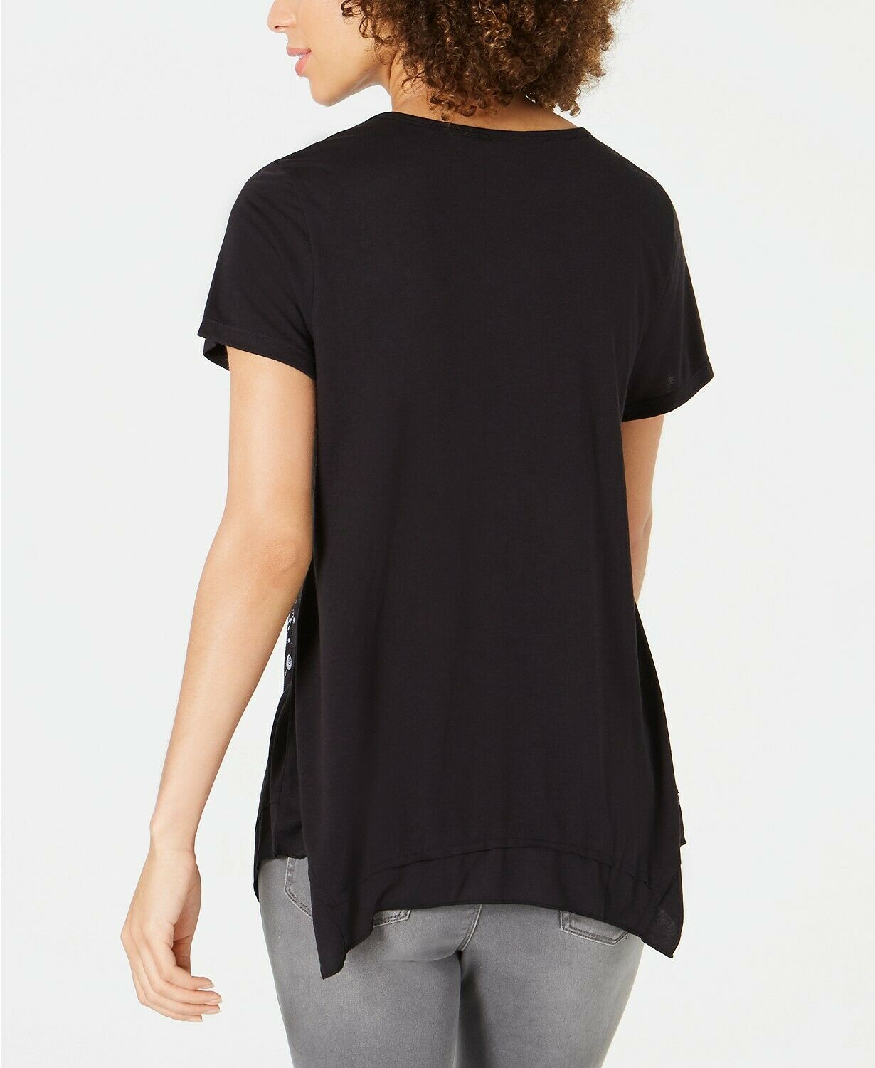 Camiseta feminina com estampa gráfica e bainha de lenço, preta, tamanho pequeno, da Style &amp; Co