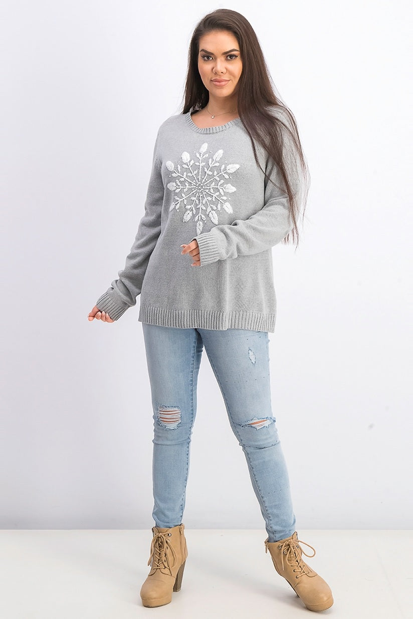 Karen Scott Suéter Feminino com Apliques de Floco de Neve Cinza Fumaça Pente Tamanho Grande