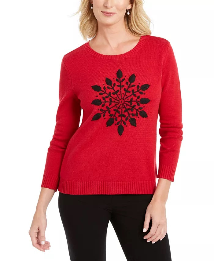 Karen Scott Suéter Feminino com Apliques de Flocos de Neve Vermelho Brilhante Tamanho Grande