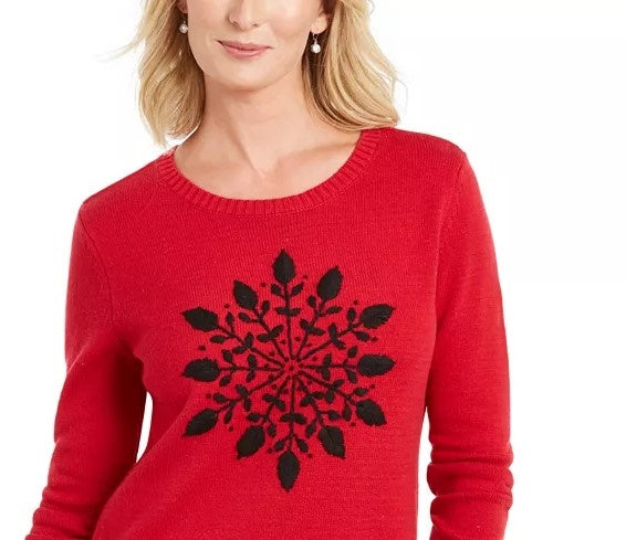 Karen Scott Suéter Feminino com Apliques de Flocos de Neve Vermelho Brilhante Tamanho Grande