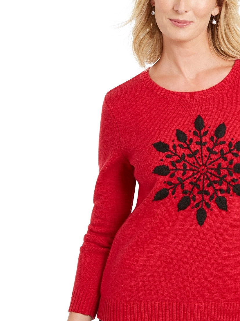 Karen Scott Suéter Feminino com Apliques de Floco de Neve Vermelho Tamanho Médio