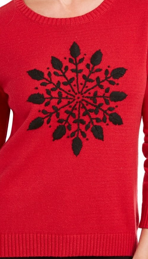 Karen Scott Suéter Feminino com Apliques de Floco de Neve Vermelho Tamanho Médio