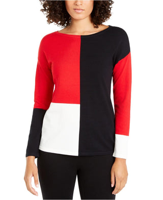Blusa feminina Alfani com estampa de blocos de cores e ombros caídos, vermelha, tamanho extra pequeno