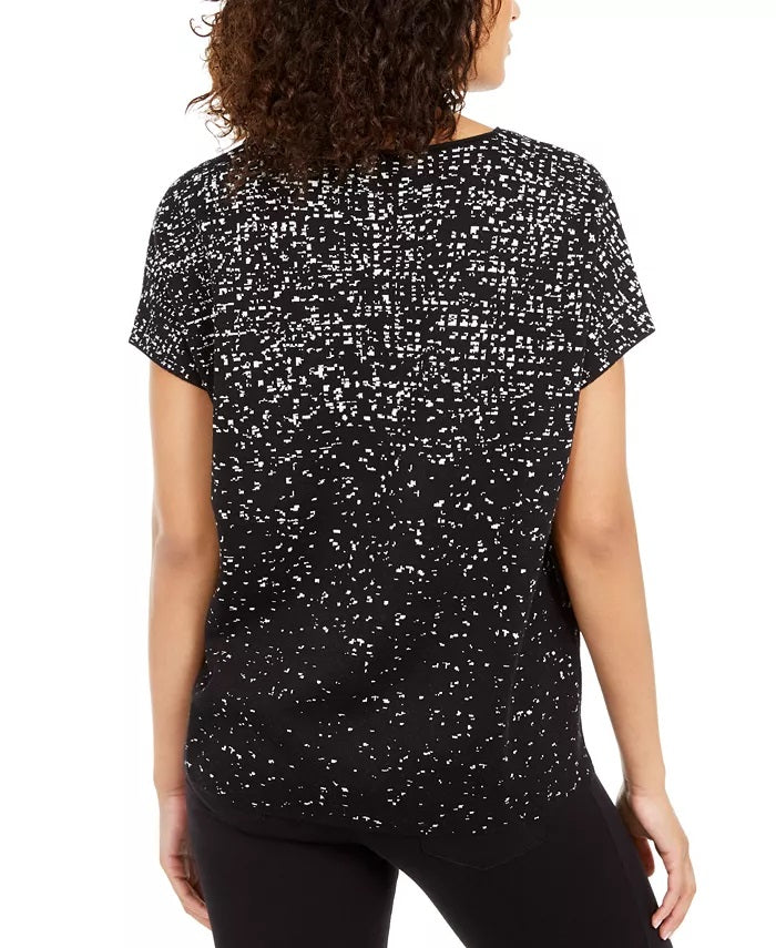 Blusa feminina Alfani estampada de manga curta, preta, tamanho médio