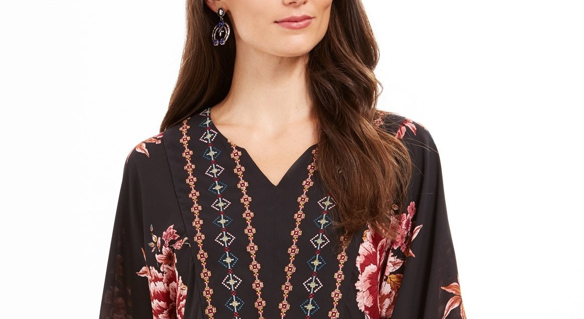 Top feminino estilo camponês com bainha de lenço estampado, preto festivo, tamanho grande