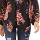 Top feminino estilo camponês com bainha de lenço estampado, preto festivo, tamanho grande