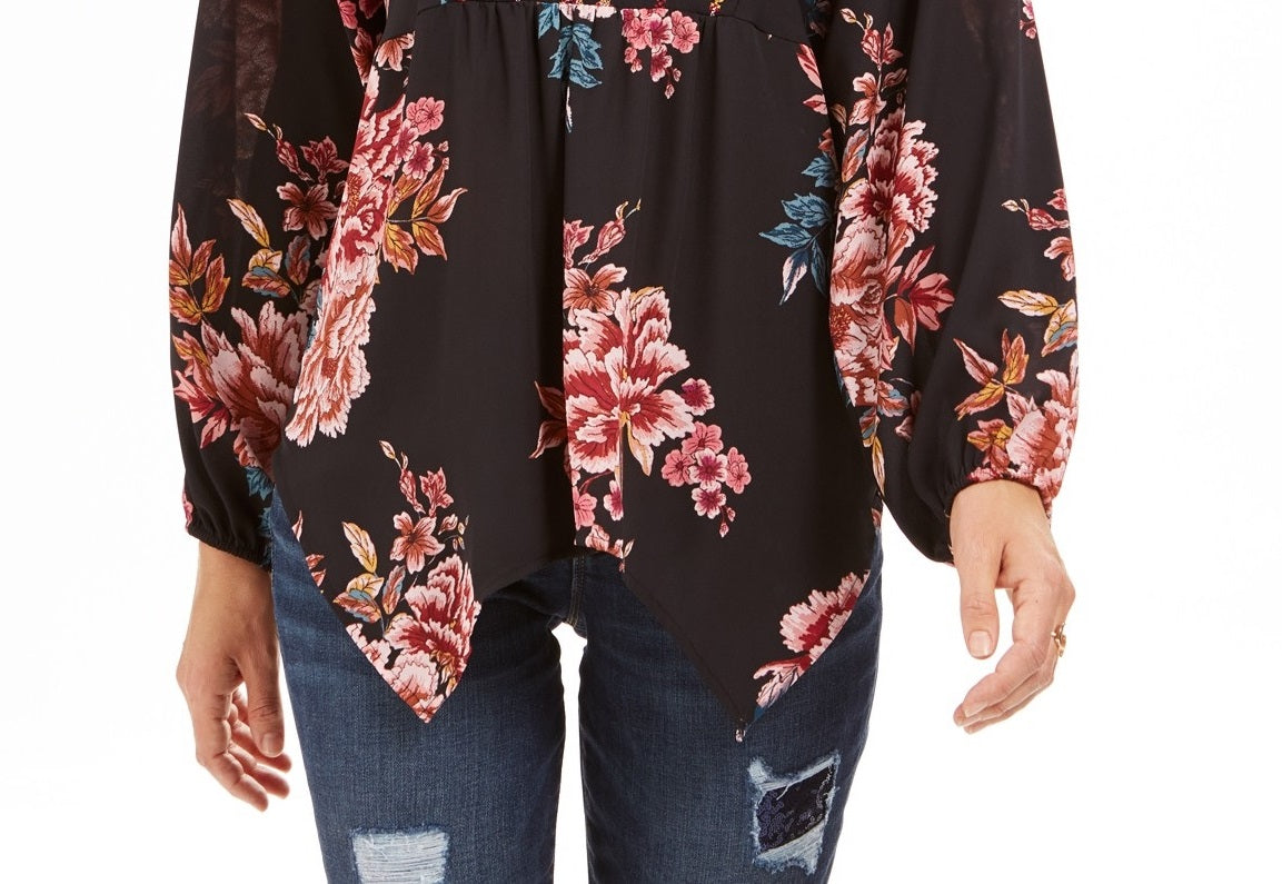 Top feminino estilo camponês com bainha de lenço estampado, preto festivo, tamanho grande