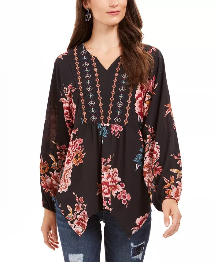 Top feminino estilo camponês com bainha de lenço estampado, preto, tamanho pequeno